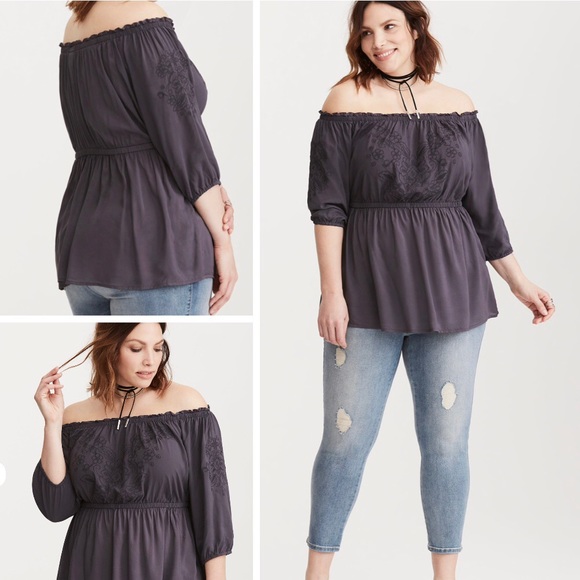torrid Tops - TORRID Embroidered Challis Off Shoulder Top